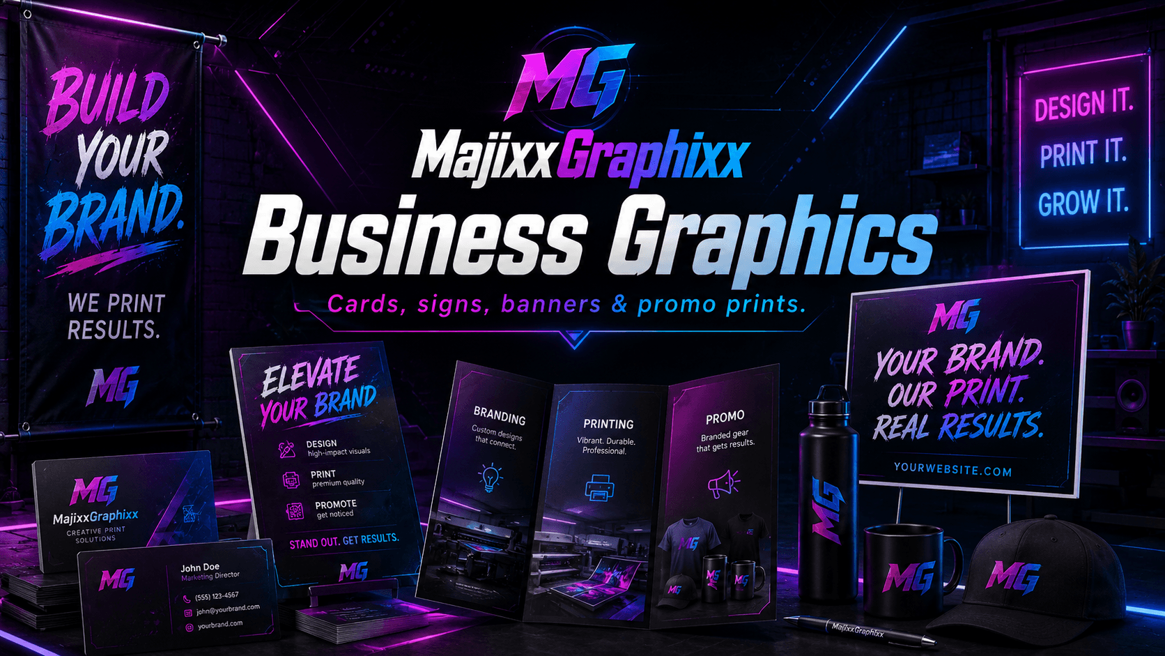 MajixxGraphixx custom business graphics — cards, signs, banners and promo prints